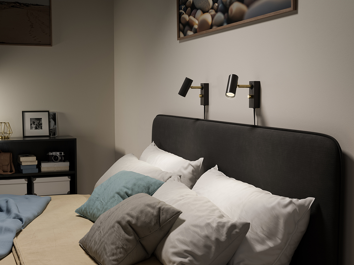 Cato Noir/laiton lampe de lecture De Belid - La série Cato comprend des lampadaires, des spots, des lampes de table et des appliques murales.