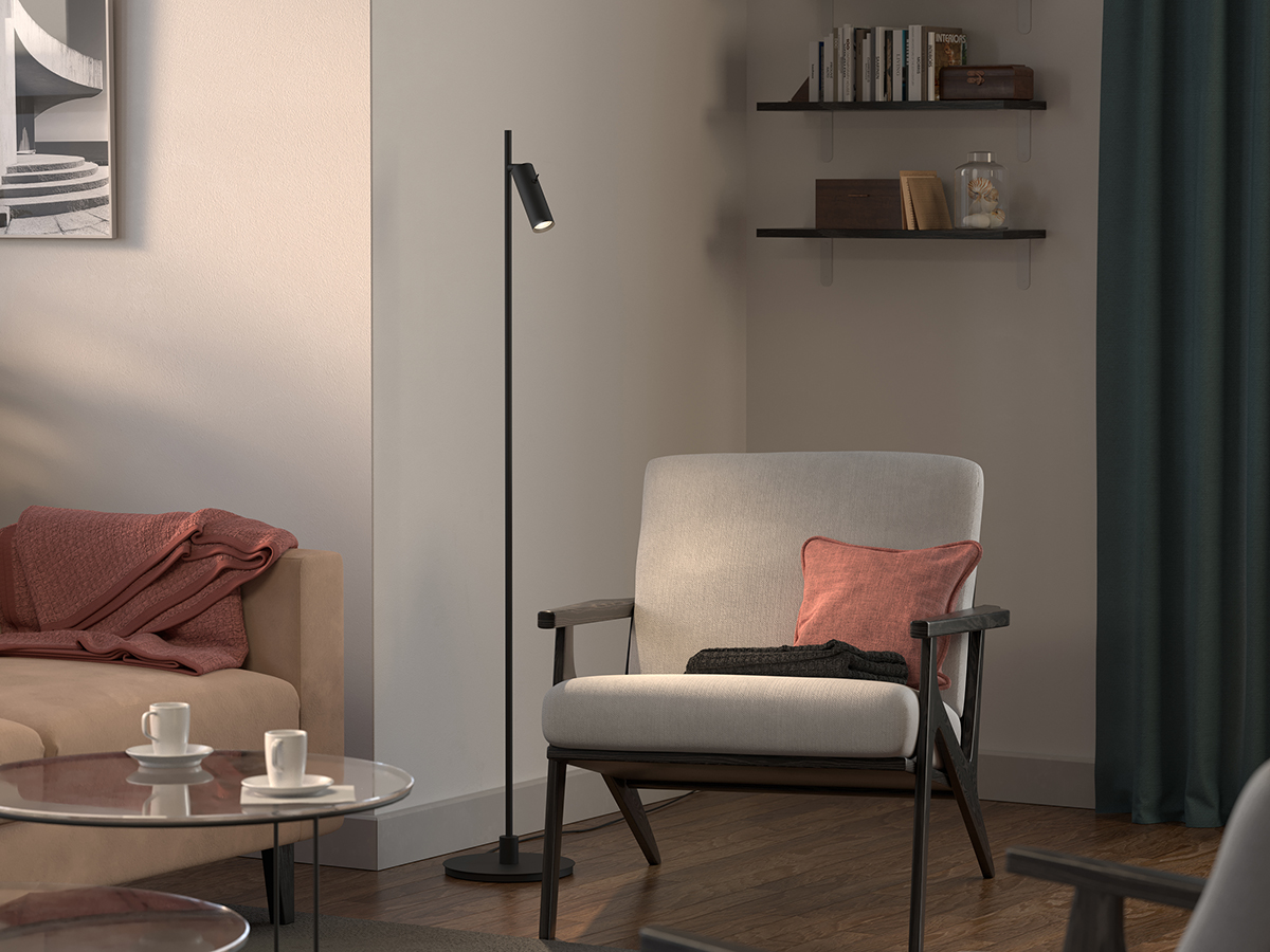 Pipeline 1 Noir mat lampadaire De Herstal - Avec une hauteur de 132,3 cm et un diam&egrave;tre de base de 20 cm, Pipeline offre une pr&eacute;sence stable et &eacute;l&eacute;gante adapt&eacute;e aux salons, chambres et bureaux &agrave; domicile.