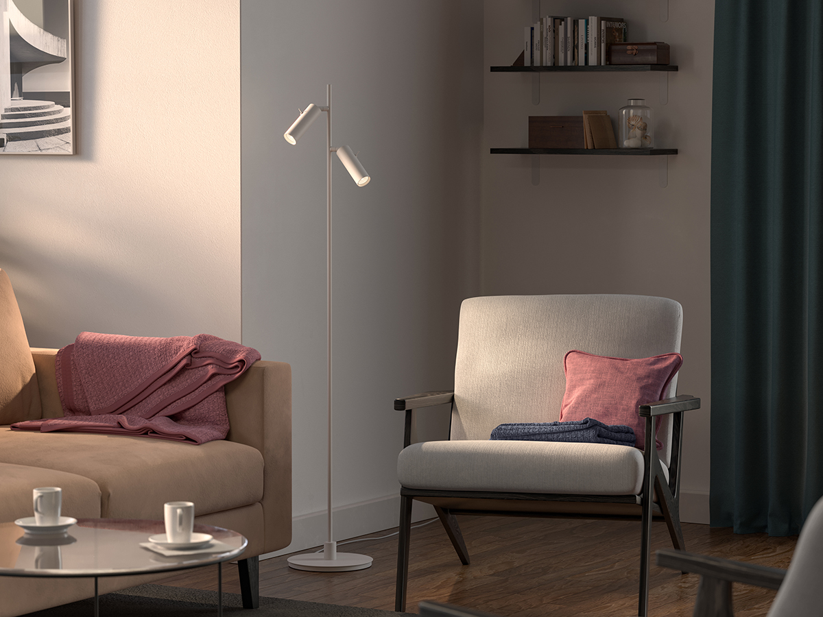 Pipeline 2 Blanc mat lampadaire De Herstal - Avec une hauteur de 132,6 cm et un diam&egrave;tre de base de 20 cm, Pipeline offre une pr&eacute;sence stable et &eacute;l&eacute;gante adapt&eacute;e aux salons, chambres et bureaux &agrave; domicile.