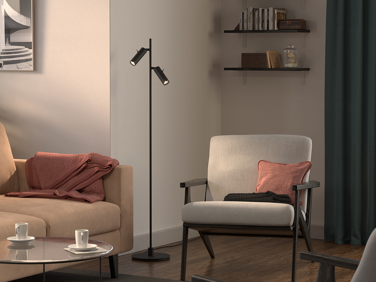 Pipeline 2 Noir mat lampadaire De Herstal - Avec une hauteur de 132,6 cm et un diam&egrave;tre de base de 20 cm, Pipeline offre une pr&eacute;sence stable et &eacute;l&eacute;gante adapt&eacute;e aux salons, chambres et bureaux &agrave; domicile.
