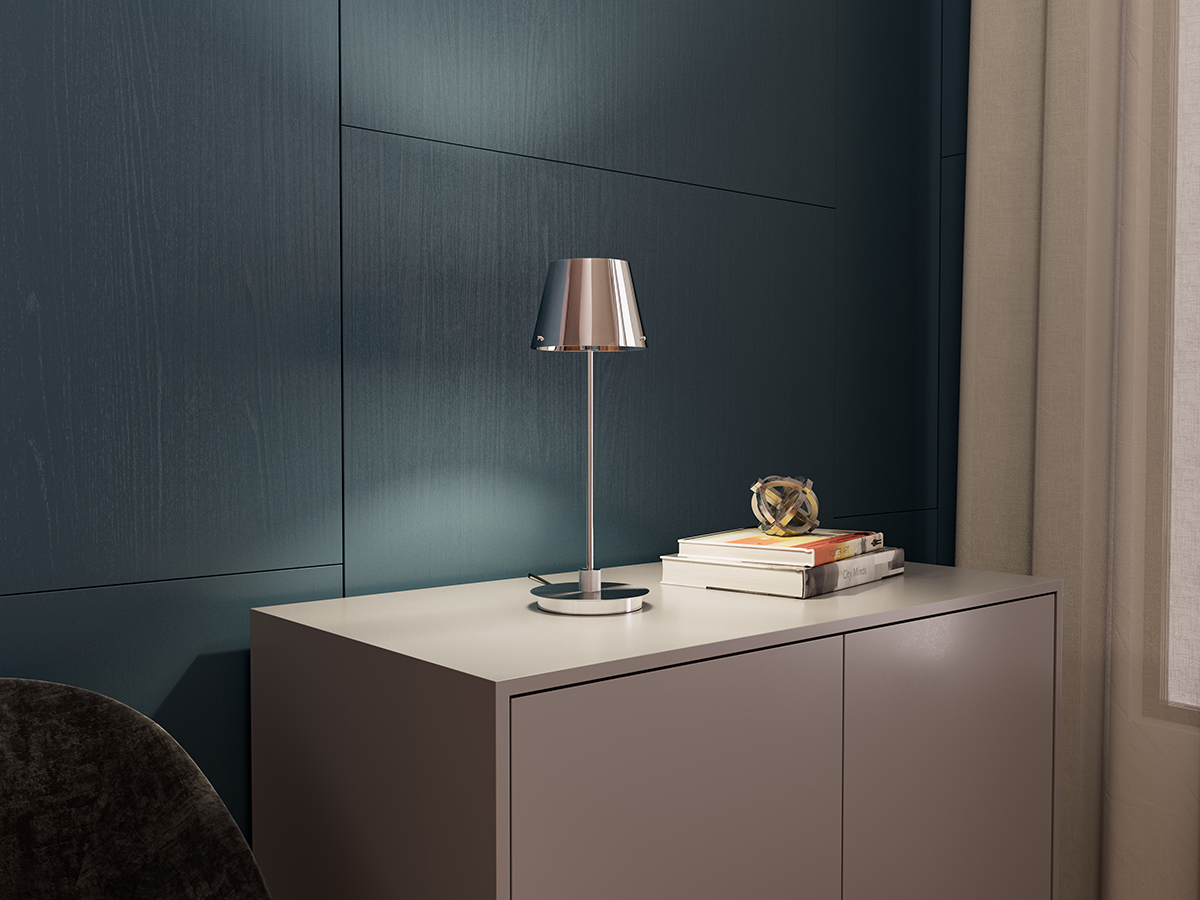 Gil il Grande 37cm Chrome lampe de table De Herstal - Sa surface réfléchissante lui confère une allure exclusive et en fait un élément décoratif de choix dans toute pièce.