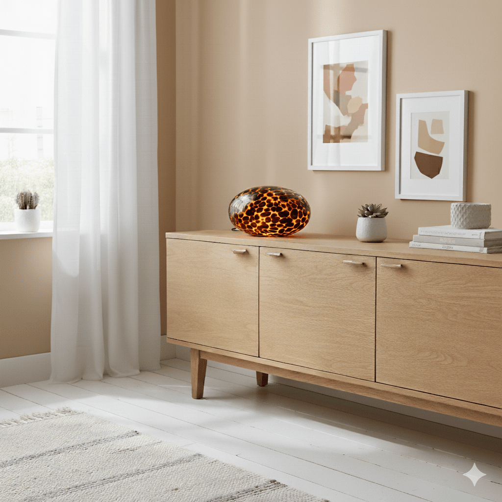Perla 16cm Ambre lampe de table De Cottex - Perla est une &eacute;l&eacute;gante lampe de table en verre aux tons chauds brun ambr&eacute;s qui diffuse une lumi&egrave;re douce et tamis&eacute;e.