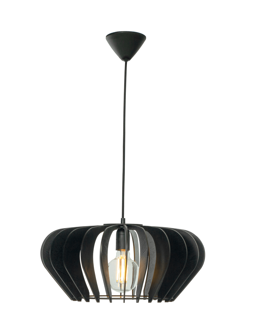 Calyps Ø45 Noir suspension De Aneta Lighting - Calyps est une élégante suspension en contreplaqué noir avec une forme arrondie qui crée un bel effet de lumière et d'ombre lorsqu'elle est éclairée.