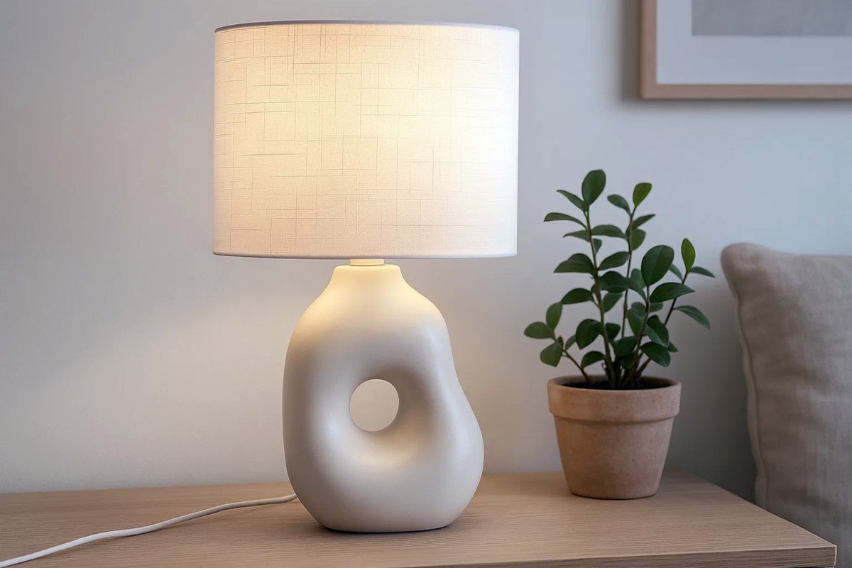 Pikazo 45cm Blanc lampe de table De Lampan - La lampe de table Pikazo séduit par son pied sculptural unique en céramique orné d'un motif de cheveux continu et son abat-jour ovale en lin blanc.