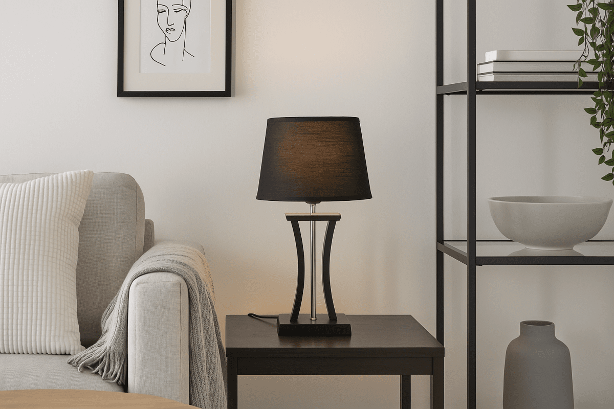 Pilastro 48cm Noir lampe de table De Lampan - Avec son &eacute;l&eacute;gant abat-jour en textile noir et sa base en m&eacute;tal unique, il fait une impression &eacute;l&eacute;gante, que vous le placiez dans le salon, la chambre ou sur le balcon.