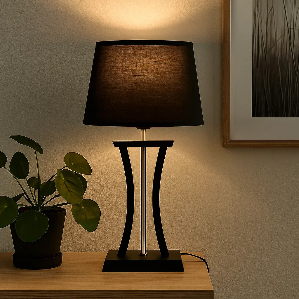 Pilastro 48cm Noir lampe de table De Lampan - Avec son &eacute;l&eacute;gant abat-jour en textile noir et sa base en m&eacute;tal unique, il fait une impression &eacute;l&eacute;gante, que vous le placiez dans le salon, la chambre ou sur le balcon.