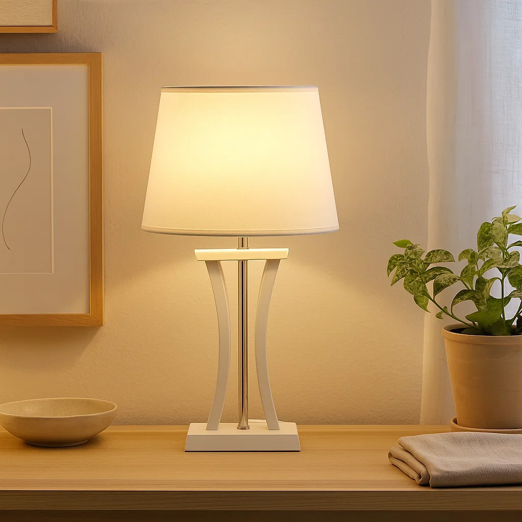 Pilastro 48cm Blanc lampe de table De Lampan - Avec son &eacute;l&eacute;gant abat-jour textile blanc ovale et sa base en m&eacute;tal unique, il fait une impression &eacute;l&eacute;gante, que vous le placiez dans le salon, la chambre ou sur le balcon.
