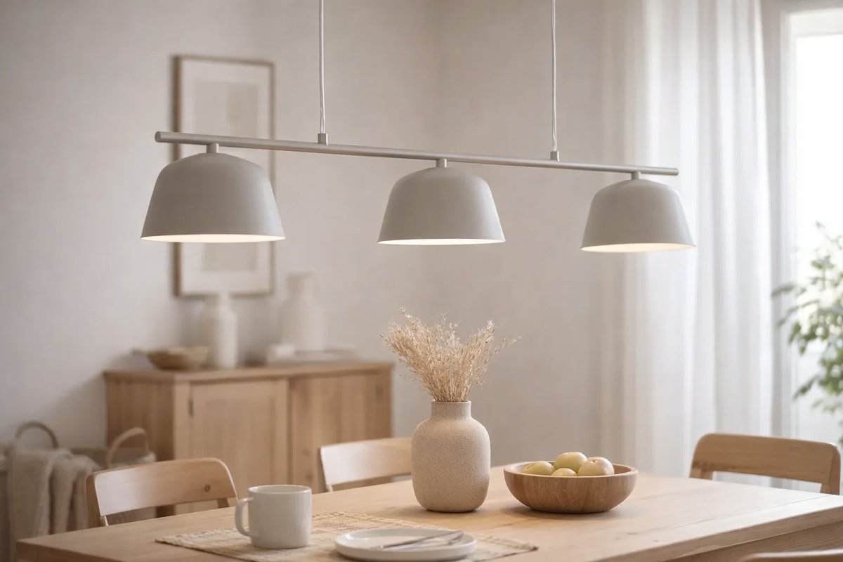 Pop 125cm Beige suspension De Nordic Lighting - Ses lignes &eacute;pur&eacute;es et ses abat-jour orient&eacute;s vers le bas offrent un &eacute;clairage agr&eacute;able et fonctionnel au-dessus de la table &agrave; manger ou dans la cuisine.