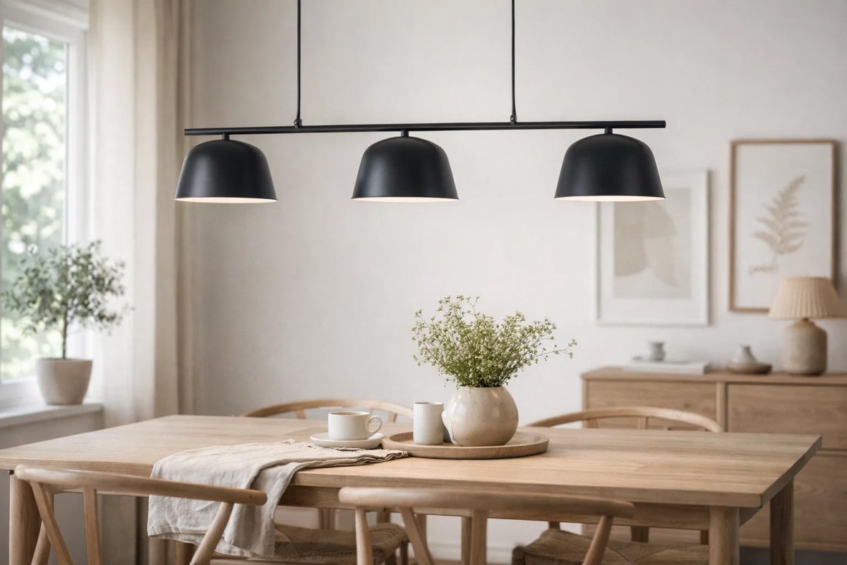 Pop 125cm Noir suspension De Nordic Lighting - Ses lignes &eacute;pur&eacute;es et son abat-jour orient&eacute; vers le bas diffusent une lumi&egrave;re agr&eacute;able et fonctionnelle, id&eacute;ale pour les salles &agrave; manger ou les cuisines.