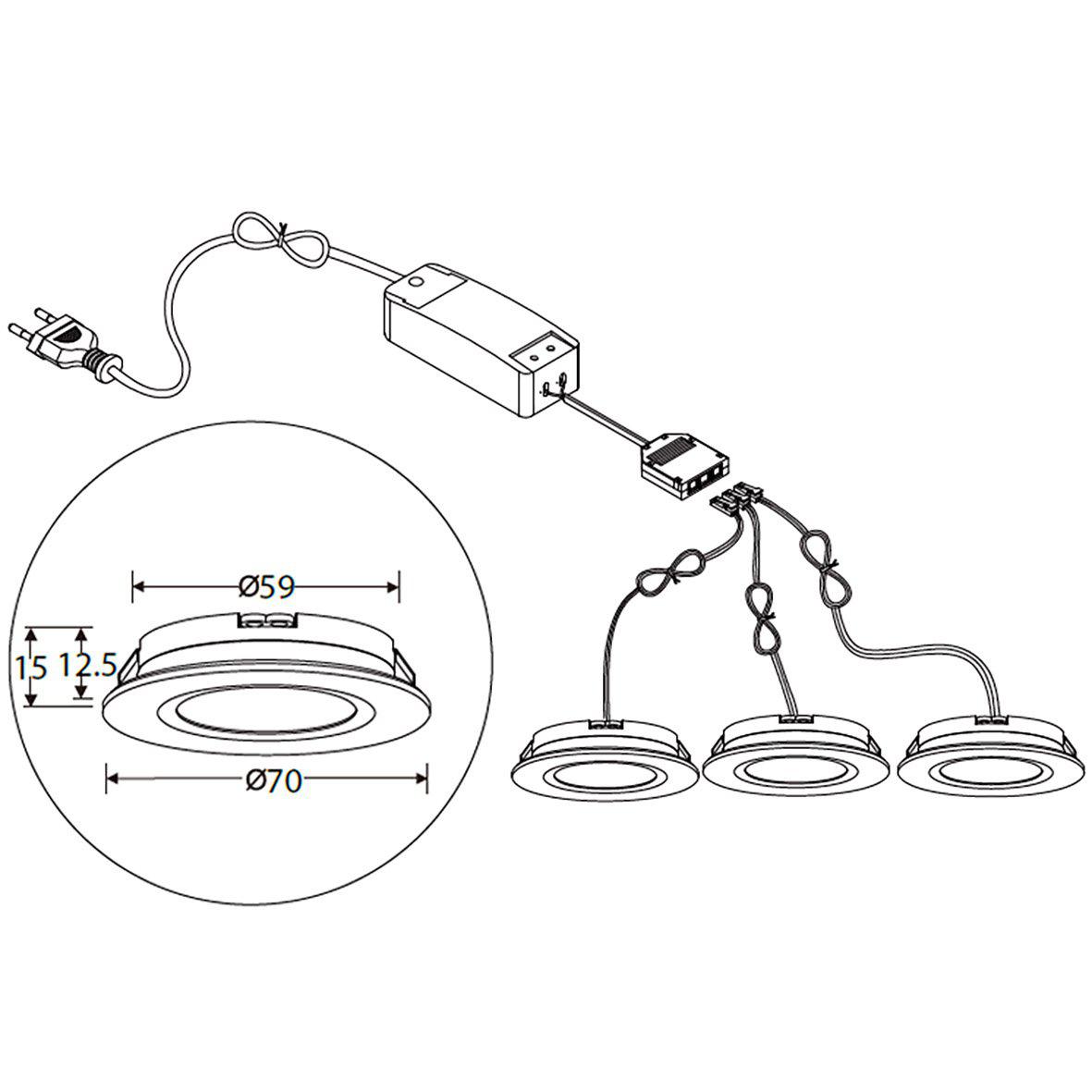 QB-307 Downlight 2700K Pack De 3 Blanc De Designlight - Un câble de 2 mètres relie la prise au driver, et un autre câble de près de 2 mètres relie la boîte de jonction à chaque spot.