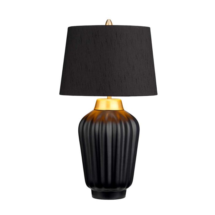 Bexley 56cm Noir lampe de table De Elstead Lighting - Den levereras med en avsmalnande lampsk&auml;rm i svart konstsilke med en m&auml;ssingf&auml;rgad insida, handgjord i Storbritannien.