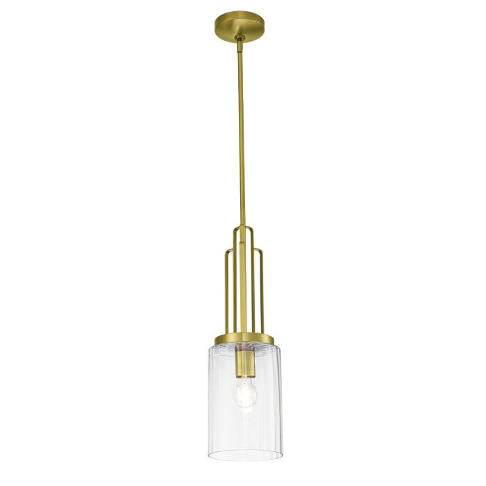 Kimrose Ø18 Laiton brossé suspension De Elstead Lighting - L'abat-jour cylindrique en verre est transparent et présente des rainures verticales, créant un effet d'éclairage unique et subtil.