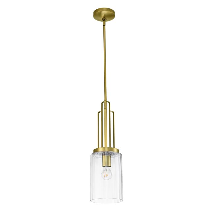 Kimrose Ø18 Laiton brossé suspension De Elstead Lighting - L'abat-jour cylindrique en verre est transparent et présente des rainures verticales, créant un effet d'éclairage unique et subtil.