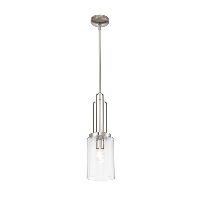 Kimrose Ø18 Nickel suspension De Elstead Lighting - L'abat-jour cylindrique en verre est transparent et présente des rainures verticales, créant un effet d'éclairage unique et subtil.