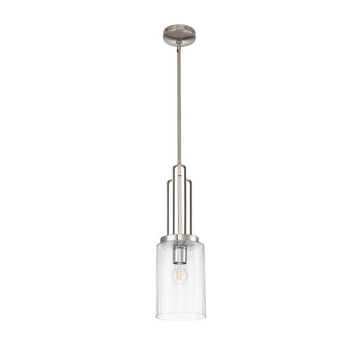 Kimrose Ø18 Nickel suspension De Elstead Lighting - L'abat-jour cylindrique en verre est transparent et présente des rainures verticales, créant un effet d'éclairage unique et subtil.