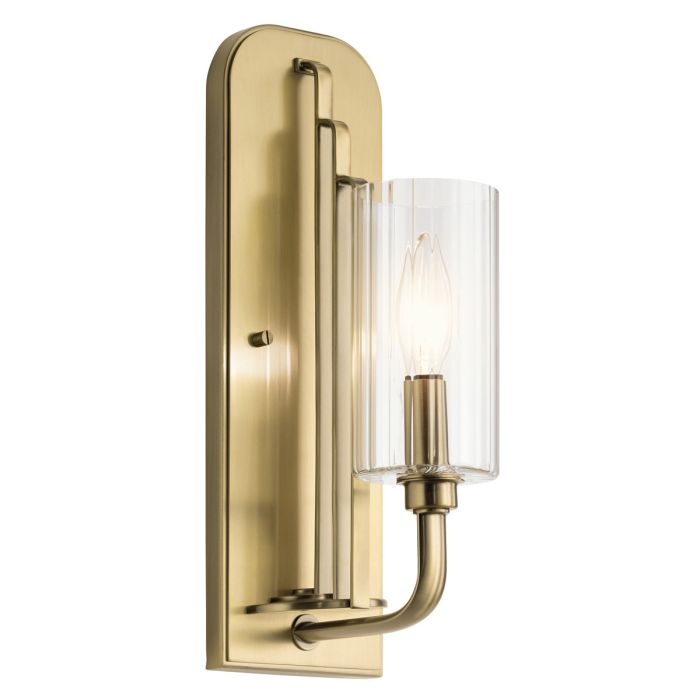 Kimrose 35cm Laiton brossé applique murale De Elstead Lighting - L'abat-jour cylindrique en verre est transparent et pr&eacute;sente des rainures verticales, cr&eacute;ant un effet d'&eacute;clairage unique et subtil.