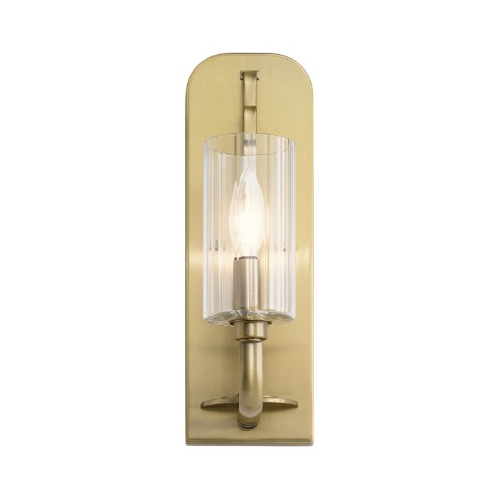 Kimrose 35cm Laiton brossé applique murale De Elstead Lighting - L'abat-jour cylindrique en verre est transparent et pr&eacute;sente des rainures verticales, cr&eacute;ant un effet d'&eacute;clairage unique et subtil.