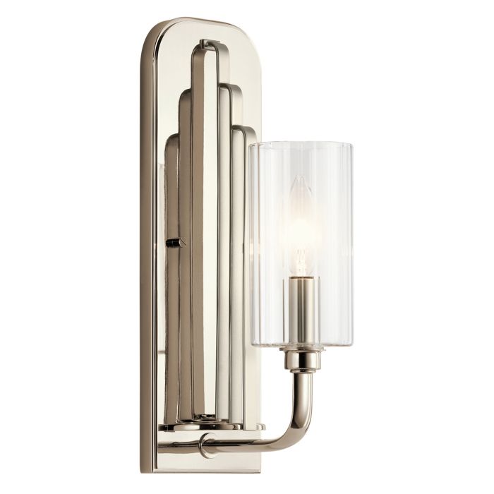 Kimrose 35cm Nickel applique murale De Elstead Lighting - L'abat-jour cylindrique en verre est transparent et présente des rainures verticales, créant un effet d'éclairage unique et subtil.