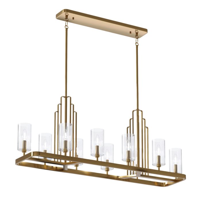 Kimrose 114cm Laiton brossé suspension De Elstead Lighting - Les abat-jour cylindriques en verre sont transparents et présentent des rainures verticales, créant un effet d'éclairage unique et subtil.