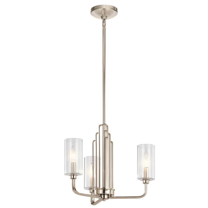 Kimrose Ø45 Nickel suspension De Elstead Lighting - Les abat-jour cylindriques en verre sont transparents et présentent des rainures verticales, créant un effet d'éclairage unique et subtil.