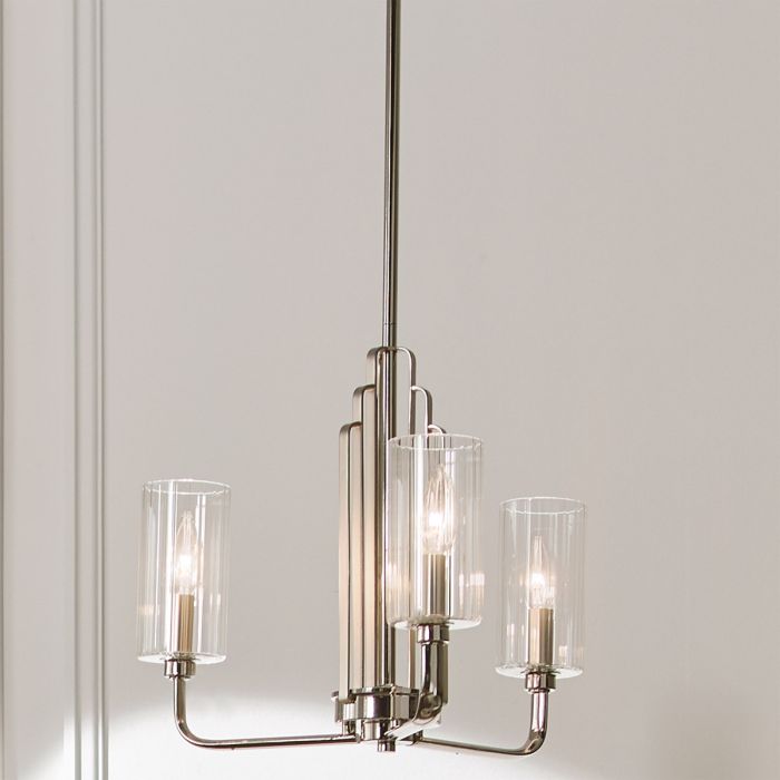 Kimrose Ø45 Nickel suspension De Elstead Lighting - Les abat-jour cylindriques en verre sont transparents et présentent des rainures verticales, créant un effet d'éclairage unique et subtil.