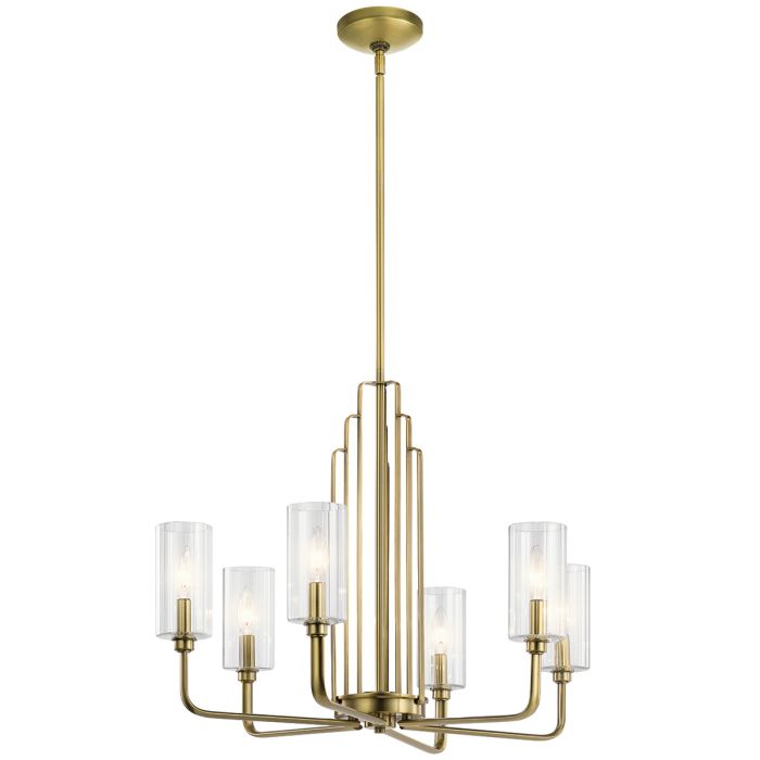 Kimrose Ø68 Laiton brossé suspension De Elstead Lighting - Les abat-jour cylindriques en verre sont transparents et présentent des rainures verticales, créant un effet d'éclairage unique et subtil.