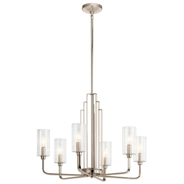 Kimrose Ø68 Nickel suspension De Elstead Lighting - Les abat-jour cylindriques en verre sont transparents et présentent des rainures verticales, créant un effet d'éclairage unique et subtil.