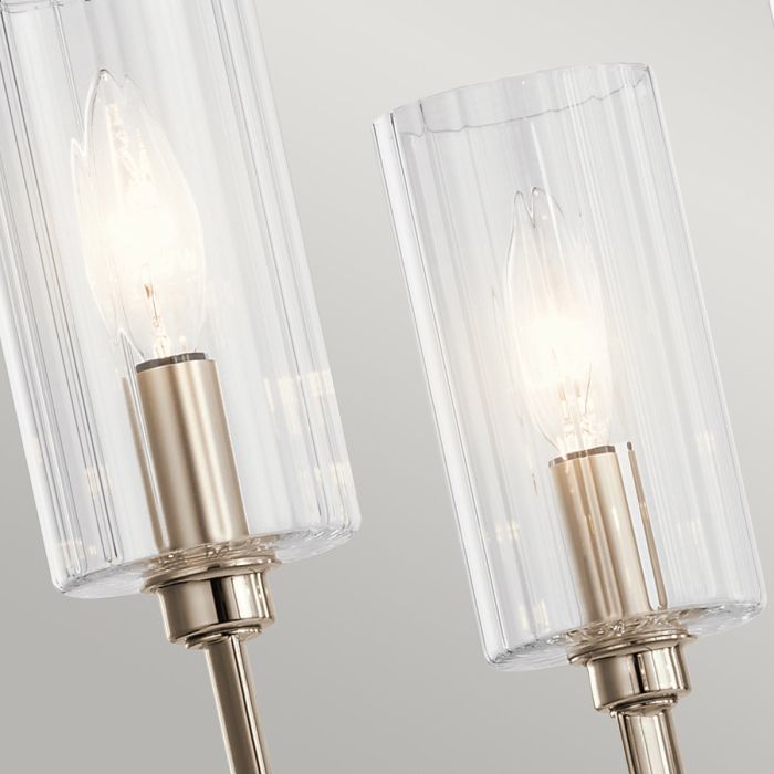 Kimrose Ø68 Nickel suspension De Elstead Lighting - Les abat-jour cylindriques en verre sont transparents et présentent des rainures verticales, créant un effet d'éclairage unique et subtil.