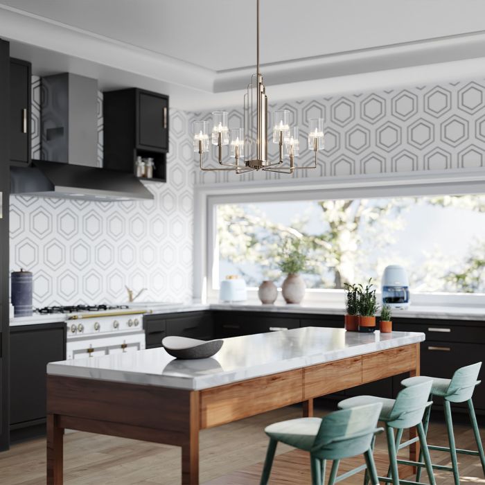 Kimrose Ø68 Nickel suspension De Elstead Lighting - Les abat-jour cylindriques en verre sont transparents et présentent des rainures verticales, créant un effet d'éclairage unique et subtil.