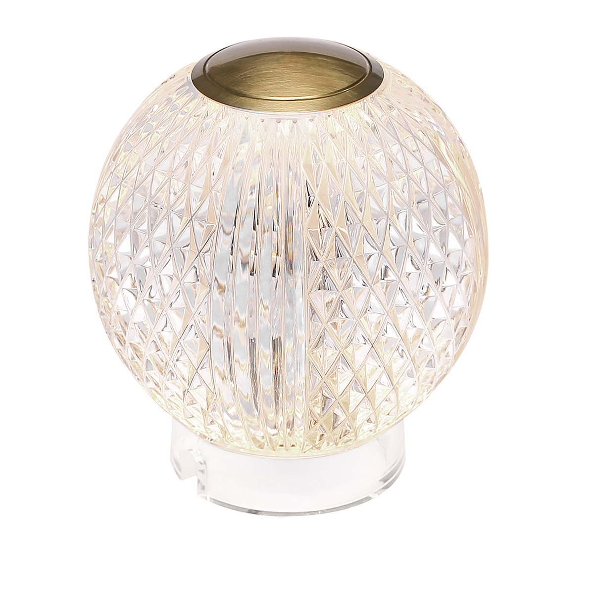 Marni 10cm Transparent portable De Elstead Lighting - Marni est une lampe de table élégante et rechargeable, au design décoratif alliant acier, finition laiton naturel et acrylique transparent à motifs.