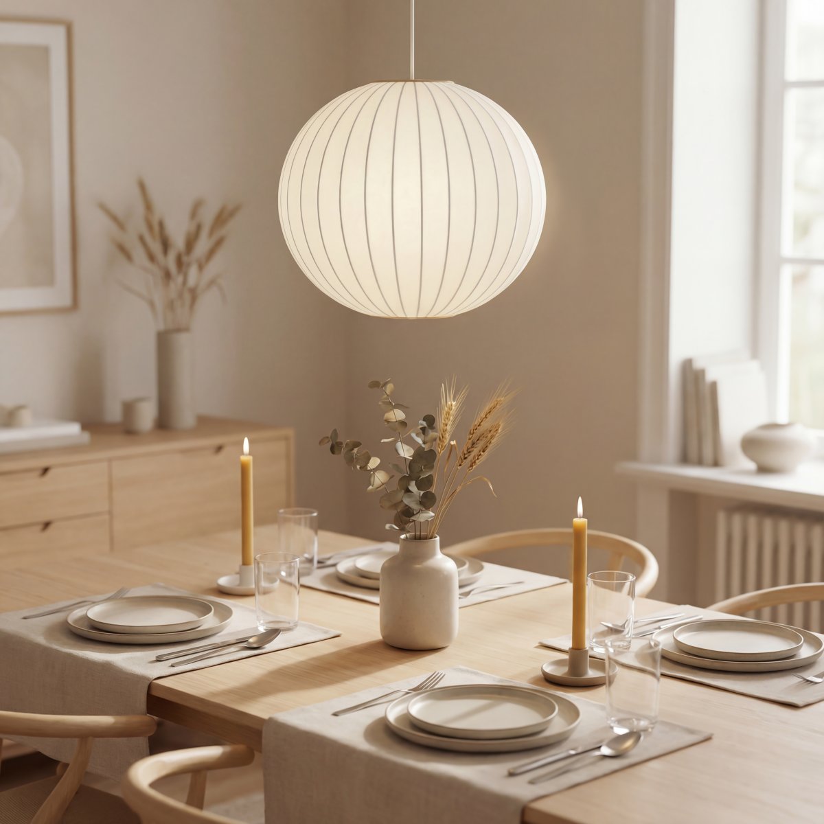 Kanoa Ø40 Blanc suspension De Aneta Lighting - Une fois allum&eacute;e, la lampe diffuse une lumi&egrave;re agr&eacute;able qui filtre &agrave; travers le tissu, contribuant &agrave; une atmosph&egrave;re chaleureuse et accueillante.