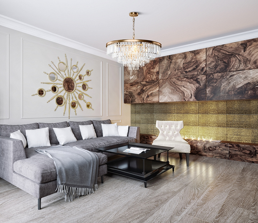 Revero Ø70 Laiton cristal De Maytoni - Un d&eacute;tail int&eacute;rieur parfait pour cr&eacute;er une ambiance luxueuse dans le couloir, le salon ou au-dessus de la salle &agrave; manger - o&ugrave; il fonctionne &agrave; la fois comme source de lumi&egrave;re et comme d&eacute;coration au plafond.