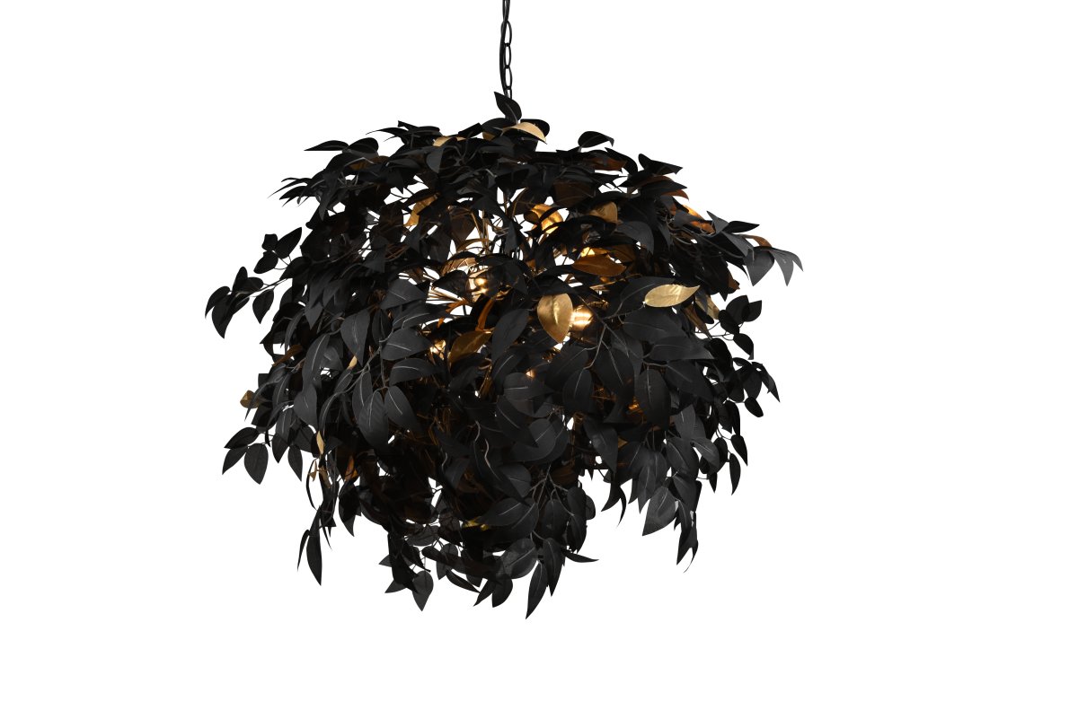 Leavy Ø70 Noir suspension De Trio Lighting - Avec un style inspir&eacute; de Young Living et une combinaison de feuilles noires et dor&eacute;es et d'un auvent noir mat, la lampe peut &ecirc;tre facilement int&eacute;gr&eacute;e dans diff&eacute;rentes combinaisons de couleurs.