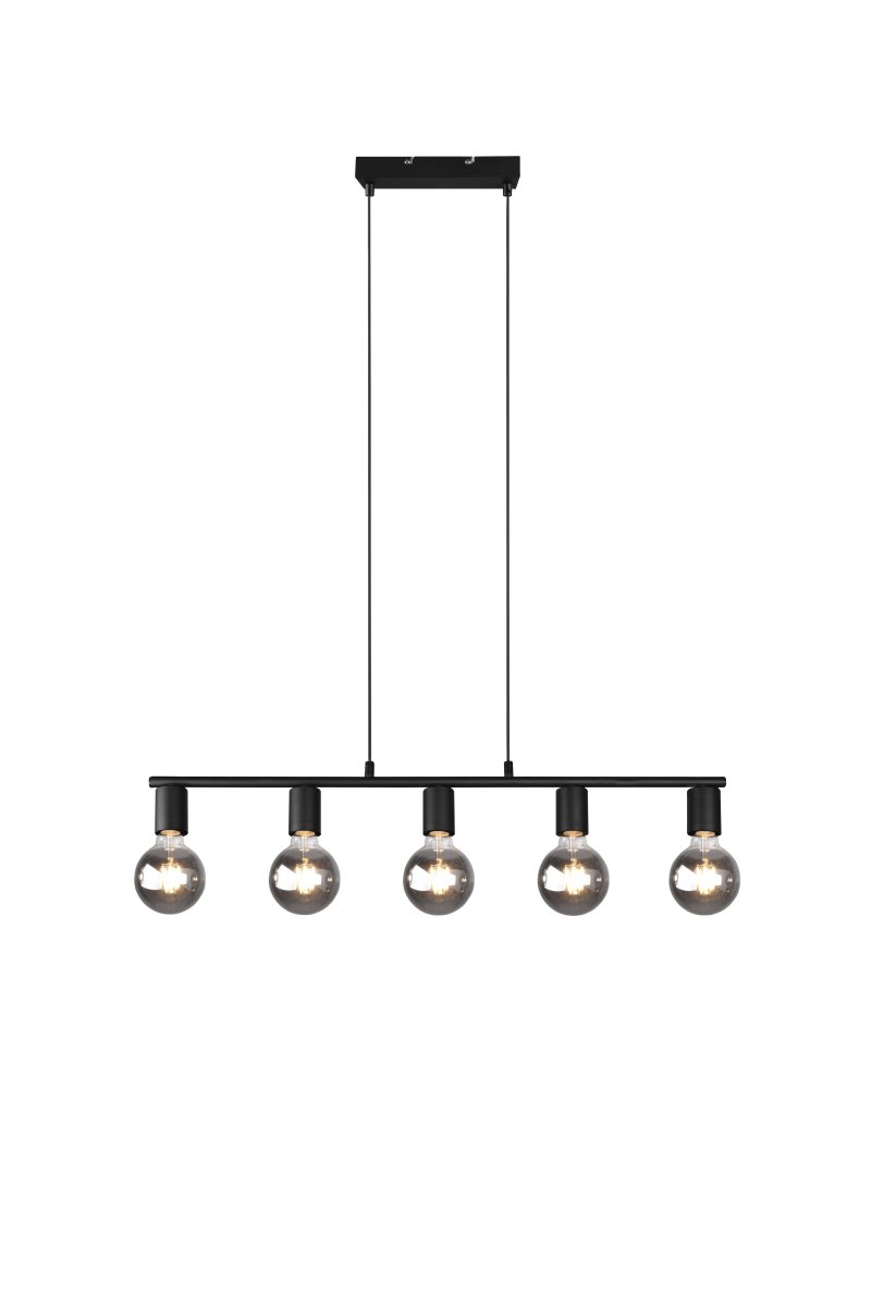 Vannes 82cm Noir suspension De Trio Lighting - Avec ses cinq ampoules apparentes suspendues en rangée, la lampe fournit une belle et agréable lumière panoramique, créant une atmosphère accueillante dans la cuisine, la salle à manger ou le salon.