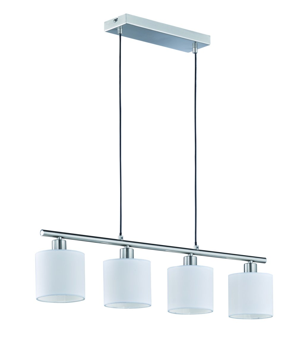 Tommy 75cm Blanc suspension De Trio Lighting - Fabriqu&eacute; en acier bross&eacute; et dot&eacute; d'&eacute;l&eacute;gants abat-jour en tissu blanc, Tommy cr&eacute;e des accents d'&eacute;clairage sophistiqu&eacute;s qui mettent en valeur les espaces de vie et de salle &agrave; manger et cr&eacute;ent une agr&eacute;able sensation de bien-&ecirc;tre.