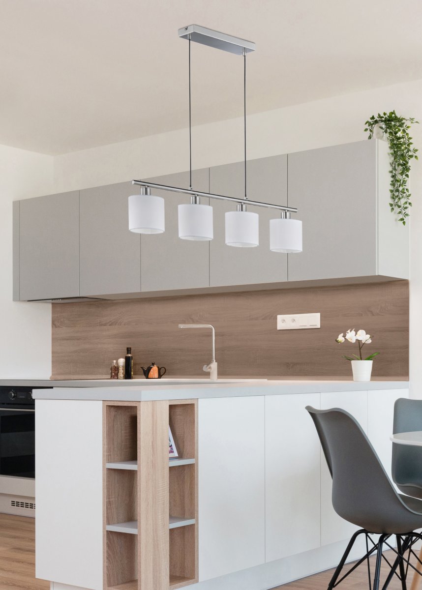 Tommy 75cm Blanc suspension De Trio Lighting - Fabriqu&eacute; en acier bross&eacute; et dot&eacute; d'&eacute;l&eacute;gants abat-jour en tissu blanc, Tommy cr&eacute;e des accents d'&eacute;clairage sophistiqu&eacute;s qui mettent en valeur les espaces de vie et de salle &agrave; manger et cr&eacute;ent une agr&eacute;able sensation de bien-&ecirc;tre.