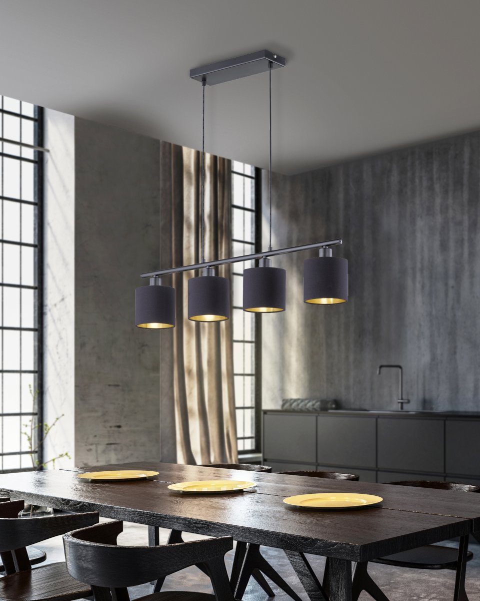 Tommy 75cm Noir suspension De Trio Lighting - Fabriqué en métal noir mat et doté d'élégants abat-jour en tissu noir et or, Tommy crée des accents d'éclairage sophistiqués qui mettent en valeur les espaces de vie et de salle à manger et créent une agréable sensation de bien-être.