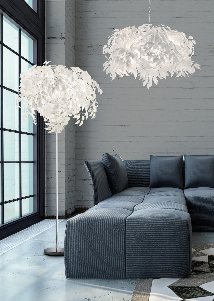 Leavy Blanc lampadaire De Trio Lighting - Le lampadaire Leavy est un &eacute;l&eacute;ment unique et impressionnant dans votre maison avec ses feuilles d&eacute;coratives en plastique qui lui conf&egrave;rent un style distinctif et enchanteur.