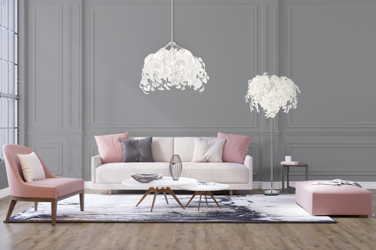 Leavy Blanc lampadaire De Trio Lighting - Le lampadaire Leavy est un &eacute;l&eacute;ment unique et impressionnant dans votre maison avec ses feuilles d&eacute;coratives en plastique qui lui conf&egrave;rent un style distinctif et enchanteur.
