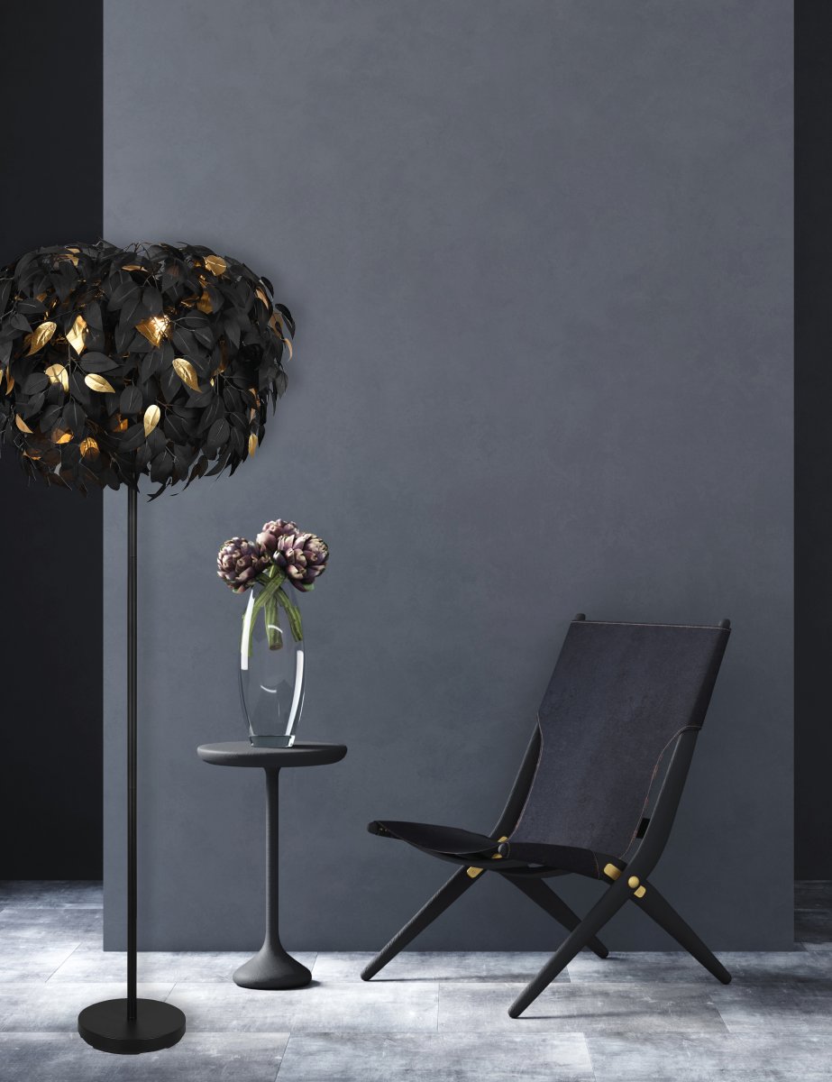 Leavy Noir lampadaire De Trio Lighting - Le lampadaire Leavy est un élément unique et impressionnant dans votre maison avec ses feuilles décoratives en plastique qui lui confèrent un style distinctif et enchanteur.