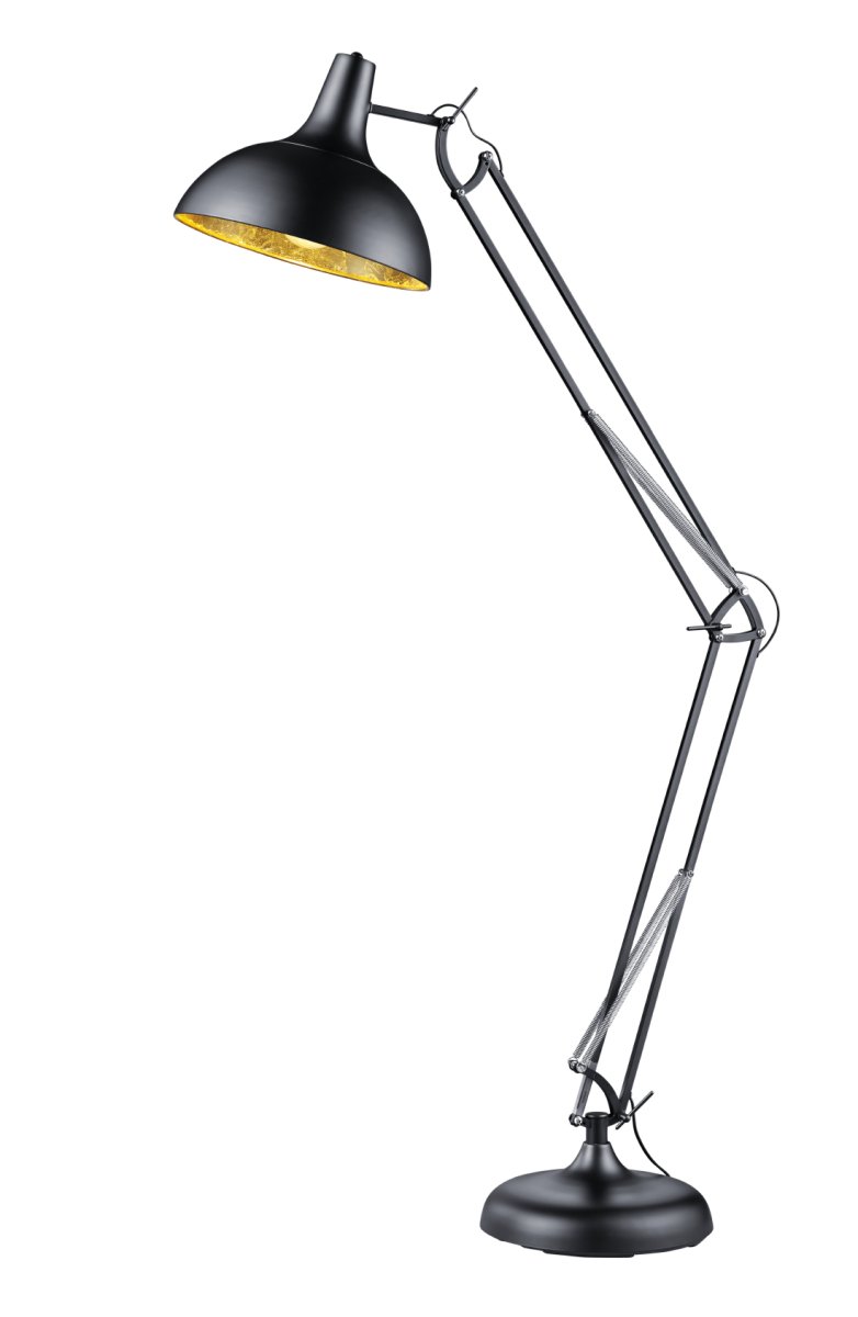Salvador Noir lampadaire De Trio Lighting - Le lampadaire Salvador allie un design industriel moderne &agrave; la tendance &eacute;l&eacute;gante du noir et de l'or, cr&eacute;ant une ambiance atmosph&eacute;rique dans votre maison.