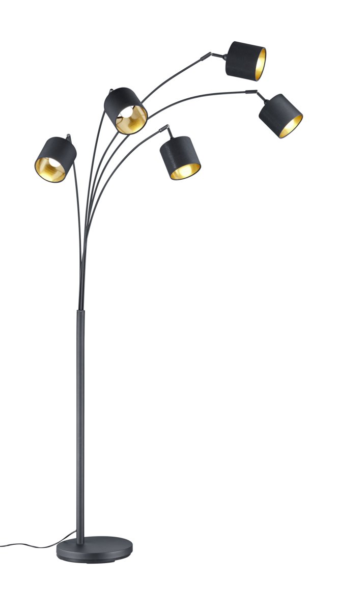Tommy 5 Noir lampadaire De Trio Lighting - Les formes claires et modernes et le métal noir mat avec des abat-jour en tissu noir et or font de la lampe un détail de décoration intérieure élégant et flexible.