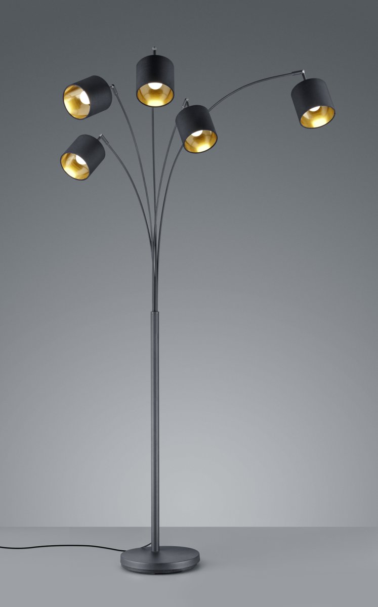 Tommy 5 Noir lampadaire De Trio Lighting - Les formes claires et modernes et le métal noir mat avec des abat-jour en tissu noir et or font de la lampe un détail de décoration intérieure élégant et flexible.