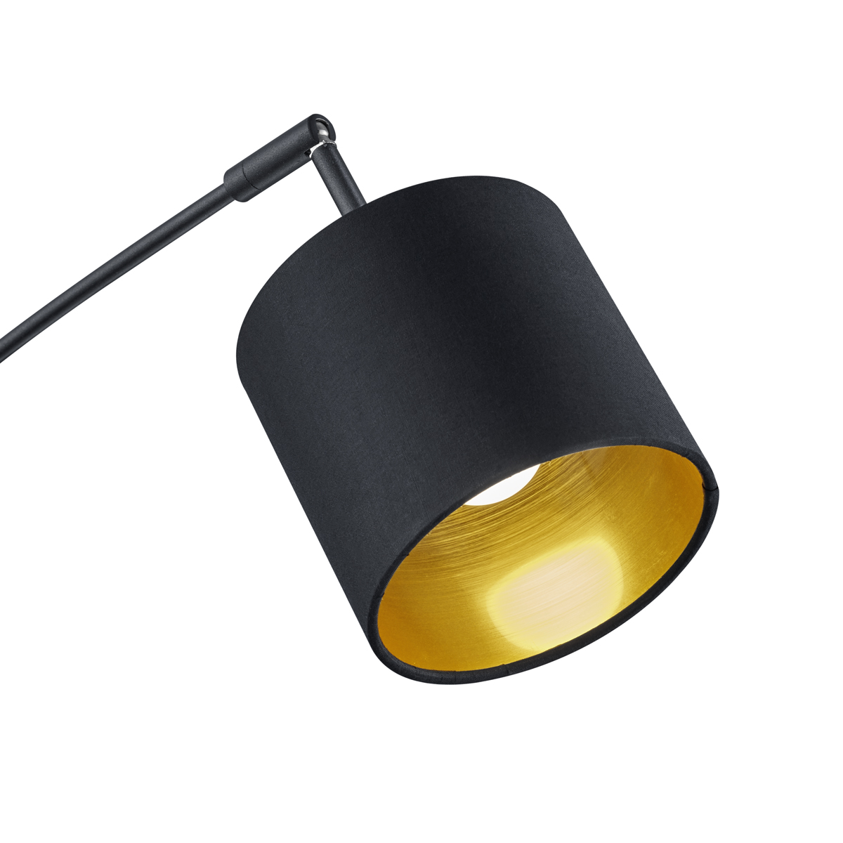 Tommy 5 Noir lampadaire De Trio Lighting - Les formes claires et modernes et le métal noir mat avec des abat-jour en tissu noir et or font de la lampe un détail de décoration intérieure élégant et flexible.