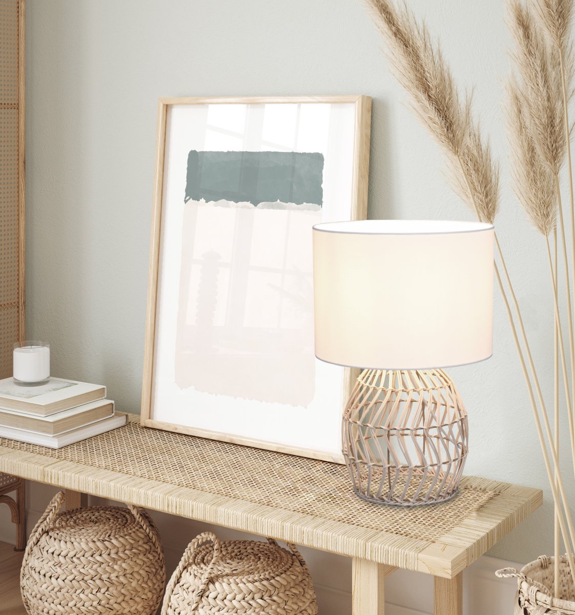 Rike 38cm Nature lampe de table De Trio Lighting - La lampe de table Rike capture l'essence de la tendance boh&egrave;me avec sa combinaison &eacute;l&eacute;gante de mat&eacute;riaux naturels.