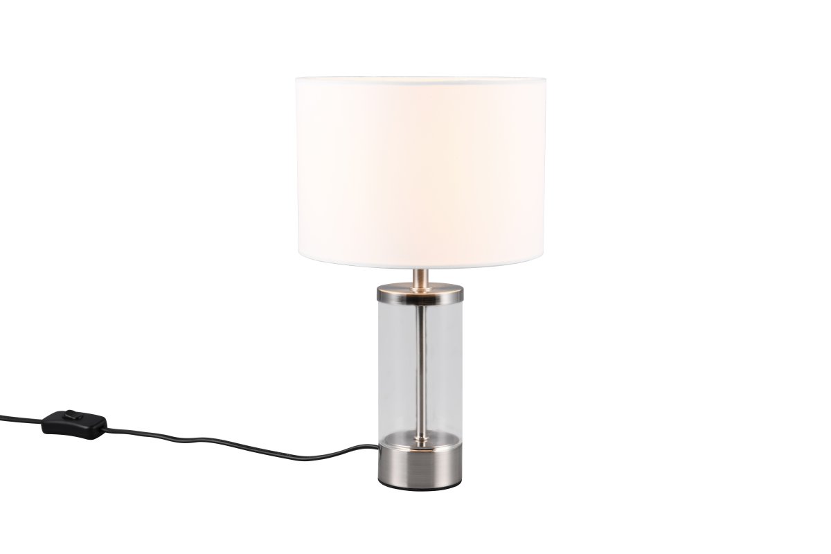 Grazia 34cm Blanc lampe de table De Trio Lighting - La lampe de table Grazia combine un élégant abat-jour en tissu avec une base cylindrique élégante en verre et en métal, créant une impression harmonieuse et élégante.