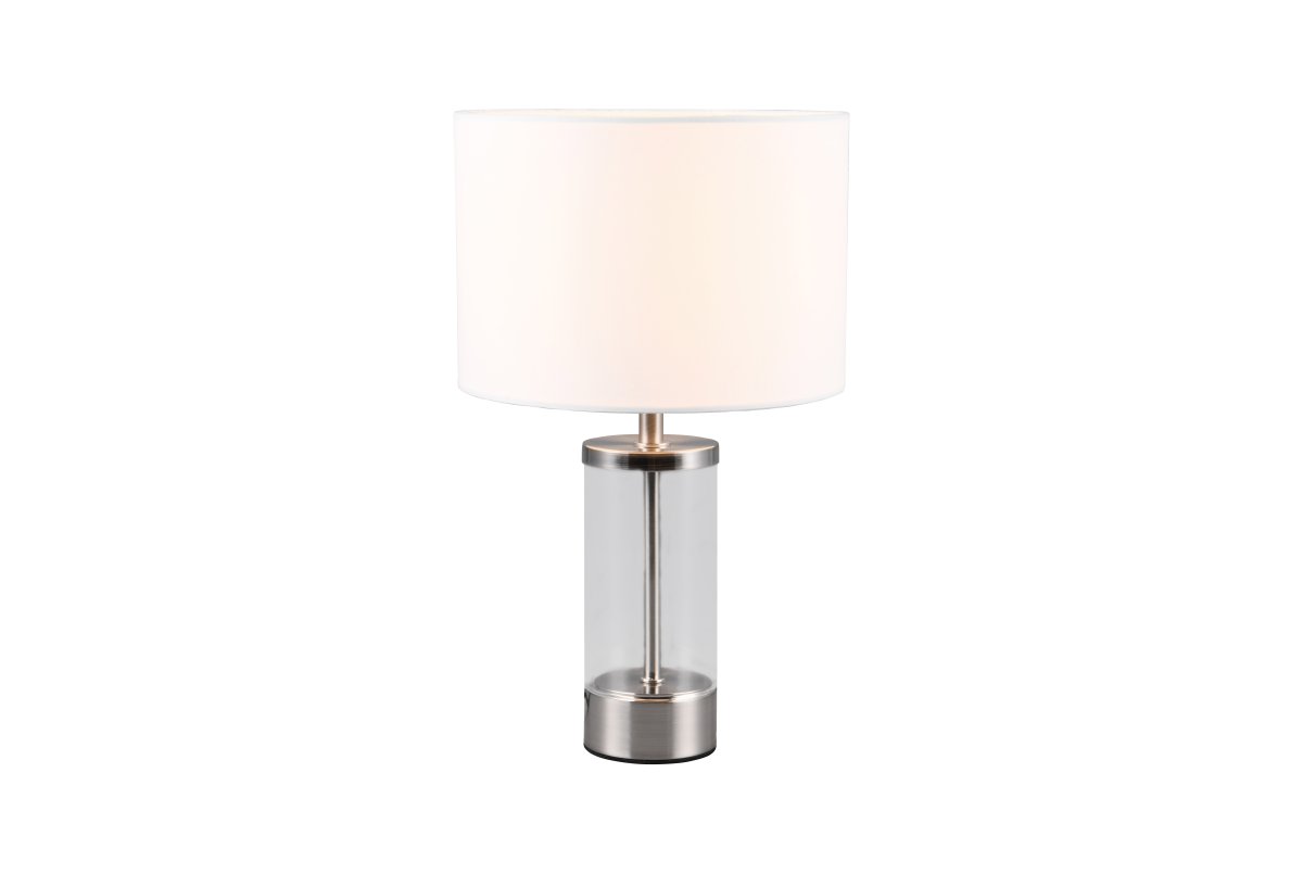 Grazia 34cm Blanc lampe de table De Trio Lighting - La lampe de table Grazia combine un élégant abat-jour en tissu avec une base cylindrique élégante en verre et en métal, créant une impression harmonieuse et élégante.