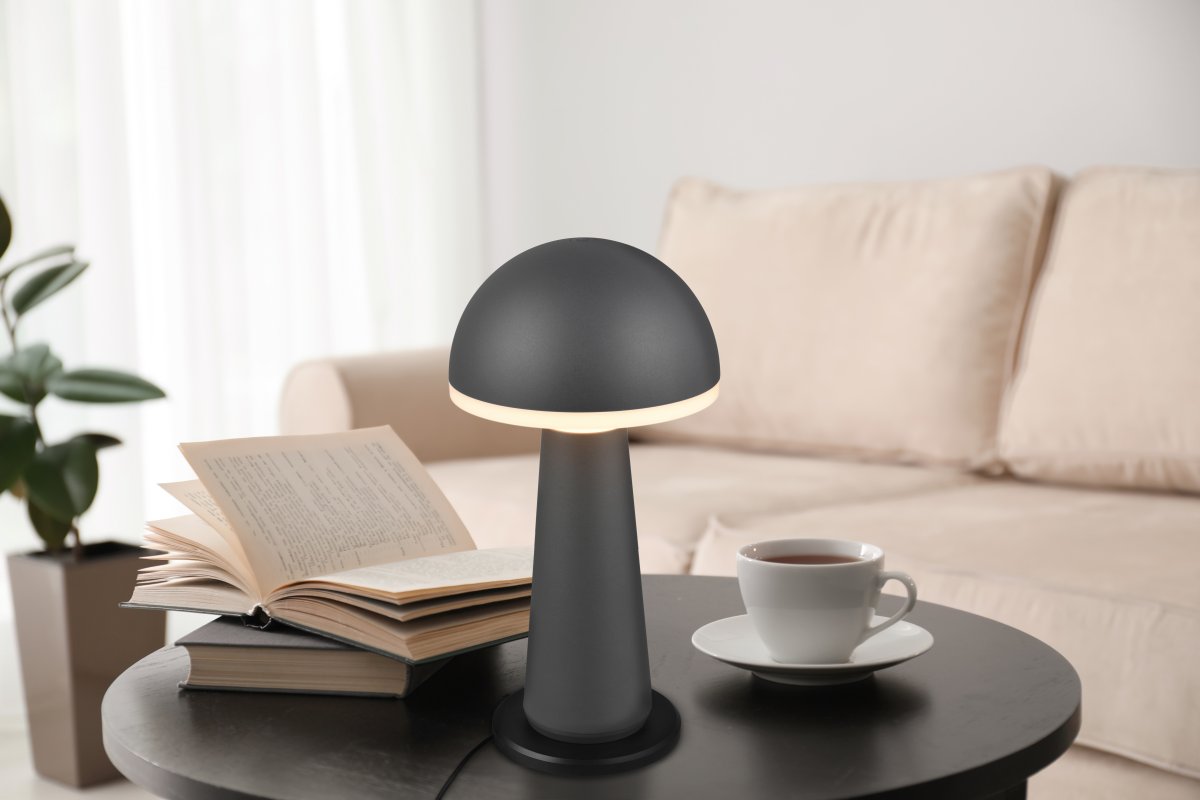 Fungo 30cm Anthracite portable De Trio Lighting - Doté d'une fonction tactile pour la gradation et la couleur de la lumière réglable ainsi que d'une station de charge séparée, c'est une source de lumière flexible pour l'intérieur et l'extérieur.