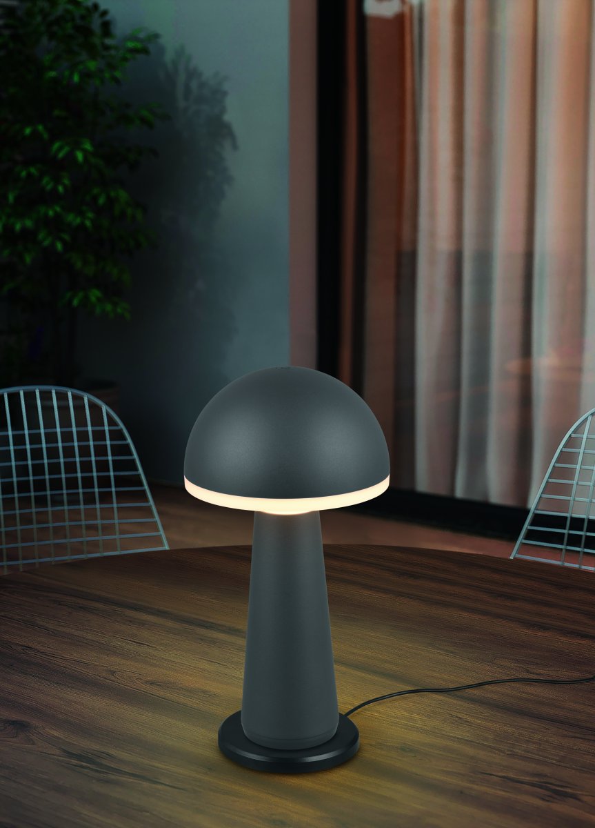 Fungo 30cm Anthracite portable De Trio Lighting - Doté d'une fonction tactile pour la gradation et la couleur de la lumière réglable ainsi que d'une station de charge séparée, c'est une source de lumière flexible pour l'intérieur et l'extérieur.