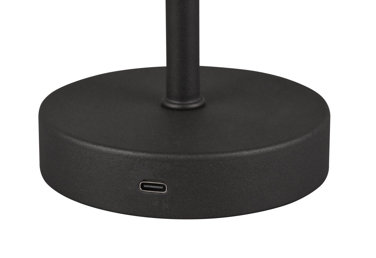 Jeff 30cm Noir portable De Trio Lighting - Grâce à sa batterie rechargeable et à sa recharge facile via le port USB-C, il peut être placé n'importe où sans câble et crée une ambiance lumineuse chaleureuse.